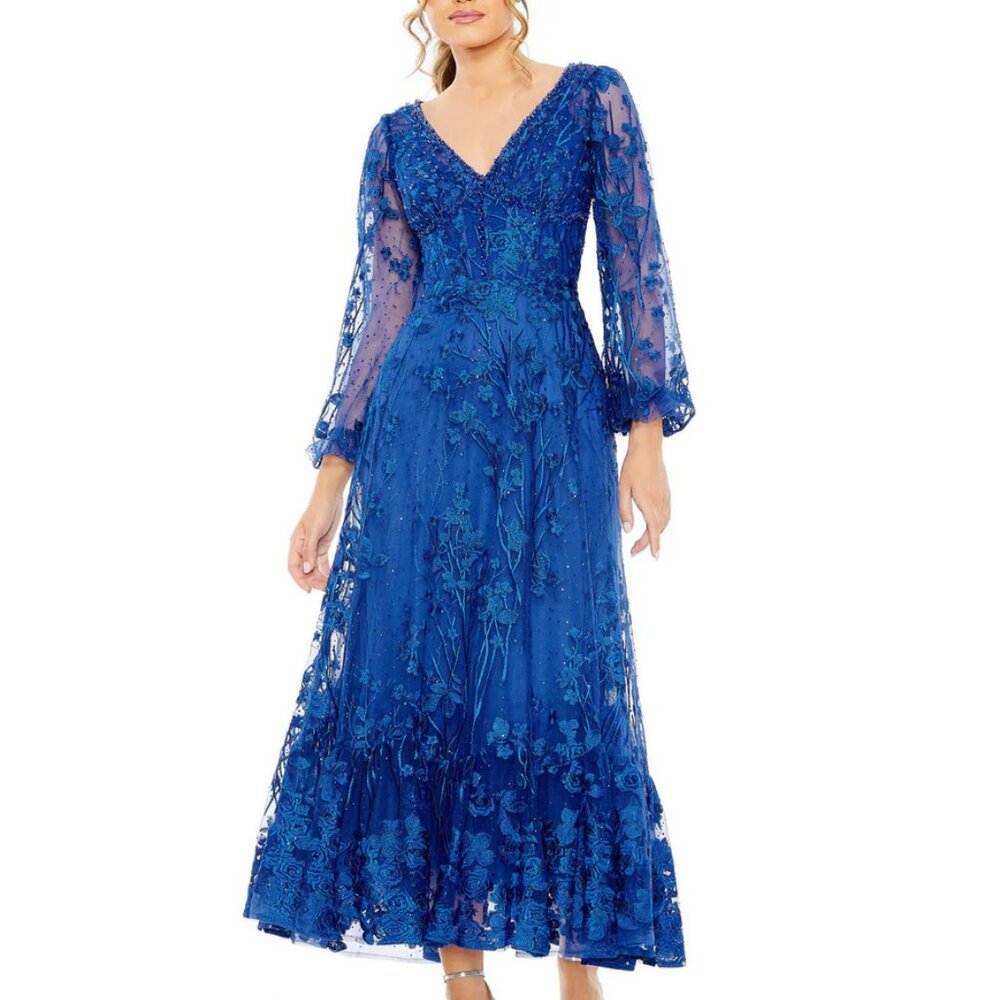 V-Neck Mesh Puff Sleeve A Line Embellished Tea Length Dress Size 8